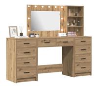 vidaXL Mesa Tocador 3 pcs Roble Artesanal Madera de ingeniería, Armario Moderno, Unidad de Almacenamiento estilosa, Mesa de Maquillaje Rectangular, tocador versátil, Espejo LED