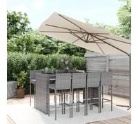 vidaXL Mesa y taburetes altos jardín 9 pzas y cojines ratán PE gris