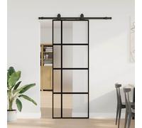 vidaXL Puerta corredera con herrajes, color negro, 76x205 cm, vidrio templado