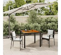 Juego de comedor de jardín moderno de ratán PE y acero con mesa de acacia, sillas modulares y cojines acolchados color negro/blanco crema para patio exterior