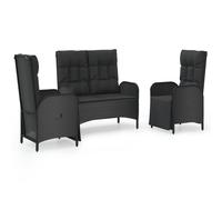 vidaXL Set comedor de jardín 3 pzas con cojines ratán sintético negro