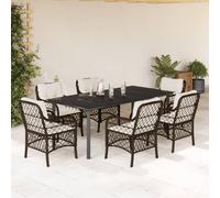 vidaXL Juego de mesa de jardín de 7 piezas con cojines, color marrón, de ratán sintético