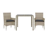 vidaXL Set comedor jardín 3 pzas y cojines ratán PE vidrio gris claro