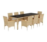 vidaXL Set comedor jardín 9 pzas cojines ratán sintético vidrio beige