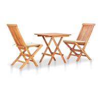 vidaXL Set de bistró 3 piezas con cojines crema madera maciza teca