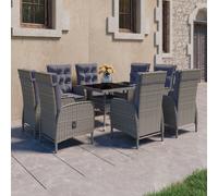 vidaXL Set de comedor de jardín 9 piezas ratán PE y vidrio gris