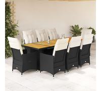 vidaXL Set de mesa y sillas de jardín 9 pzas y cojines ratán PE negro