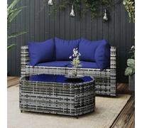 vidaXL Set de muebles de jardín 3 pzas y cojines ratán sintético gris