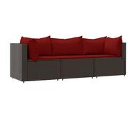 Set muebles de jardín 3 piezas y cojines ratán sintético marrón