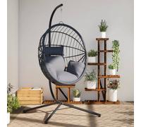 vidaXL Silla colgante huevo con soporte ratán y acero gris