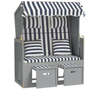 vidaXL Silla de playa con cojín, de ratán sintético y madera maciza, en azul y blanco