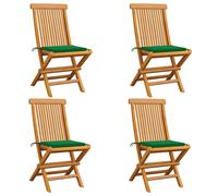 vidaXL Sillas plegables con cojines verdes, 4 unidades, madera maciza de teca.