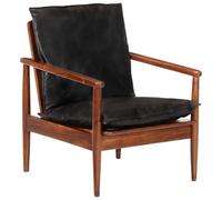vidaXL Sillón de salón Madera maciza de acacia y cuero auténtico Vintage Negro