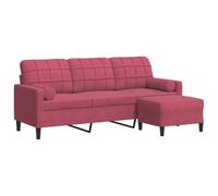 vidaXL Sofá de 3 Plazas con Taburete – Terciopelo Rojo Tinto 180 cm – Tapizado para salón