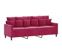 vidaXL Sofá de 3 plazas tapizado terciopelo rojo tinto 180 cm con reposabrazos y cojines