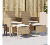 vidaXL Sofá de jardín 2 plazas con mesa y taburetes ratán PE beige