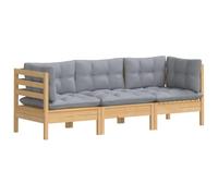 vidaXL Sofá de Jardín de 3 Plazas con Cojines Patio Terraza Exterior Hogar Silla Asiento Muebles Mobiliario Suave Robusto Gris Madera Maciza Pino