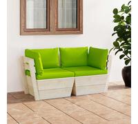 vidaXL Sofá de palets de jardín 2 plazas con cojines madera de abeto en color Verde brillante/Azul claro/Antracita y más | acolchados duraderos para sofás de jardín terraza exterior