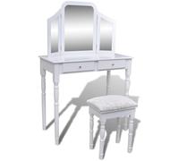 vidaXL Tocador con espejo 3 en 1 taburete y 2 cajones blanco