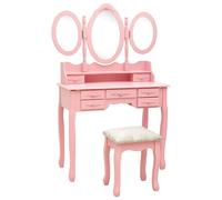 vidaXL Tocador con taburete y espejo triple plegable rosa