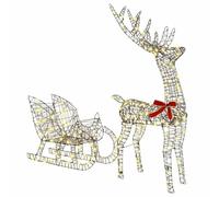 vidaXL Trineo tirado por Reno cálido 70 x 26 x 128.5 cm Ratán, Decoración Moderna y Festiva, Figura de Reno, decoración de Trineo, luz LED, colección de Vacaciones