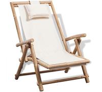 vidaXL Tumbona Blanca Material Bambú con Respaldo Ajustable y Almohada Incluida