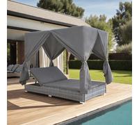 vidaXL Tumbona cama con cortinas de ratán sintético gris