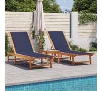 vidaXL Tumbonas 2 uds con mesa madera maciza de acacia y textileno azul para exterior
