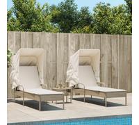 vidaXL Tumbonas con capota y mesa 2 uds ratán sintético beige