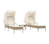 vidaXL Tumbonas con capota y mesa 2 uds ratán sintético beige