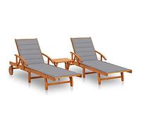 vidaXL Tumbonas madera maciza de acacia con mesa y cojines 2 uds