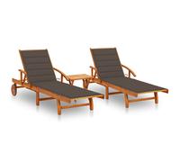 vidaXL Tumbonas con mesa y cojines 2 uds madera maciza de acacia