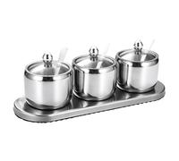 Vidrio Tarro de Condimentos de Acero Inoxidable para Cocina | Base con Cuchara, Diseño Moderno de Sobremesa, para Buffet, Desayuno y Servicio en Cafeterías u Hoteles