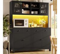 VIEKOS Armario buffet alto, color negro, aspecto de madera natural, 140 x 38,5 x 180 cm, puertas de cristal, 4 cajones, estantes ajustables, soporta hasta 100 kg