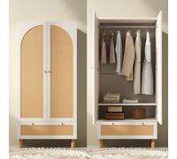 VIEKOS Armario con 2 puertas y ratán, 180 x 85 x 52 cm, estilo rústico, color blanco con cajón grande, estantes de altura ajustable y barra para colgar ropa, incluye seguridad antivuelco