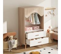 VIEKOS Armario infantil con barra para colgar, cajones, armario abierto, tiradores de madera, tablero de partículas, blanco y madera natural, 80 x 46 x 141,5 cm, color natural y blanco