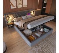 VIEKOS Cama tapizada hidráulica con espacio de almacenamiento, 160 × 200 cm, juego completo para dormitorio, 2 mesitas de noche, gris, terciopelo, sin colchón