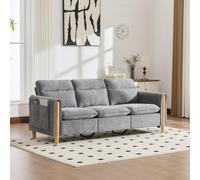 VIEKOS Juego de sofá de tres plazas, estilo nórdico, taburete de almacenamiento, sofá de tela en forma de L, bolsillos laterales, patas de madera de chenilla gris, gris claro, ideal para salas de