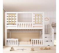 VIEKOS Litera de 90 x 200 cm, color blanco, estilo cabaña, ventana de madera, armario para escaleras, 2 superficies, somier incluido, EN 747, sin colchón