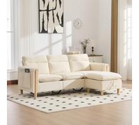 VIEKOS Sofá de tres plazas, estilo nórdico, taburete de almacenamiento, sofá en forma de L, bolsillos laterales, patas de madera de chenilla beige, ideal para salas de estar y espacios pequeños