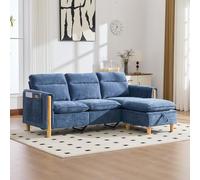 VIEKOS Sofá de tres plazas, estilo nórdico, taburete de almacenamiento, sofá en forma de L, bolsillos laterales, patas de madera de chenilla azul, ideal para salas de estar y espacios pequeños