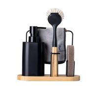 VIGAR - Organizador Fregadero - con Dosificafor de Jabón de 350 ml - 22 x 8,5 x 26 cm - Vintage - con Esponja, Bayeta y Cepillo Lavaplatos - para Fregar Platos - Negro y Bambú