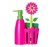 Vigar - Set Fregadero - Pack Soporte, Cepillo Lavaplatos, Esponja - 7 x 14 x 26.5 cm - Flower Power - Con Dispensador - Bandeja de 3 Piezas - Magenta