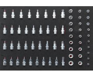Vigor V2837, juego de adaptadores, 1/4" + 3/8" + 1/2", sistema métrico, 64 piezas, tamaños: 5, 6, 7, 8, 10, 12, 14, 17, 19 mm, 1/2", 1/4", 3/8"