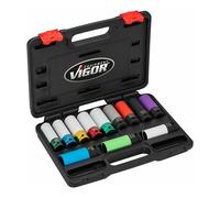 ViGOR V6312/12 Juego de llaves de vaso para llaves de impacto, 12 piezas, protección de tornillos de rueda con tapa de plástico, adecuado para KIA, HYUNDAI, MERCEDES-BENZ, tamaños SW 15-22,2 mm