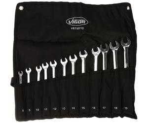 Vigor V6752/12 - Juego de llaves combinadas (doble articulación, mecanismo de carraca dentado fino en el lado del anillo, 12 piezas en práctica funda enrollable), color plateado