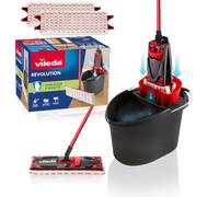Vileda 158575 Sistema de limpieza para todo tipo de suelos con cubo, escurridor y soporte, Incluye un paño de microfibra, Color negro/rojo