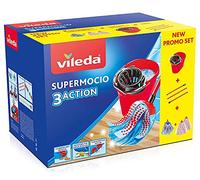 Vileda SuperMocio Box, Sistema para Fregar Suelos, Juego con escurridor, 2 Copos de Microfibra & Power, 1 Lazo 3Action, Mango de 3 Piezas, Rojo