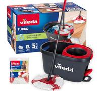 Vileda Turbo, Juego de fregona giratoria con Palo telescópico, Cubo con Pedal y escurridor centrífugo, 2 recambios de Microfibra, Negro y Rojo