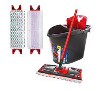 Vileda Ultramax - Juego completo de mopa para suelos sensibles, incluye 2 fundas de repuesto y cubo con prensa eléctrica, fregona con asa, para suelos sensibles, longitud del mango 75-130 cm, embalaje